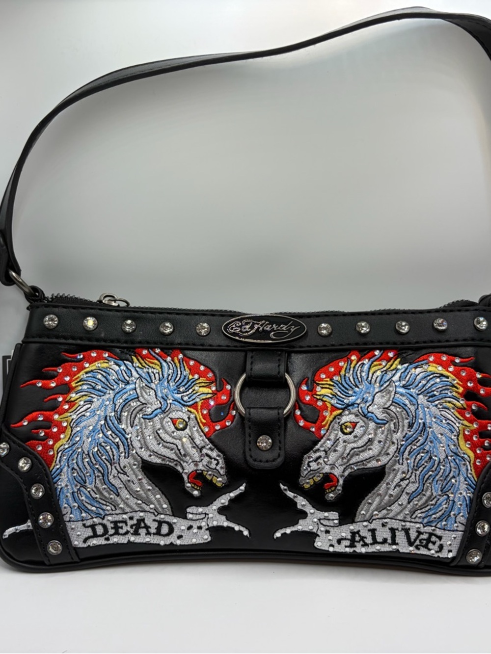 Ed Hardy Black Shoulder Bag with Embroidered Unicorns and Studs